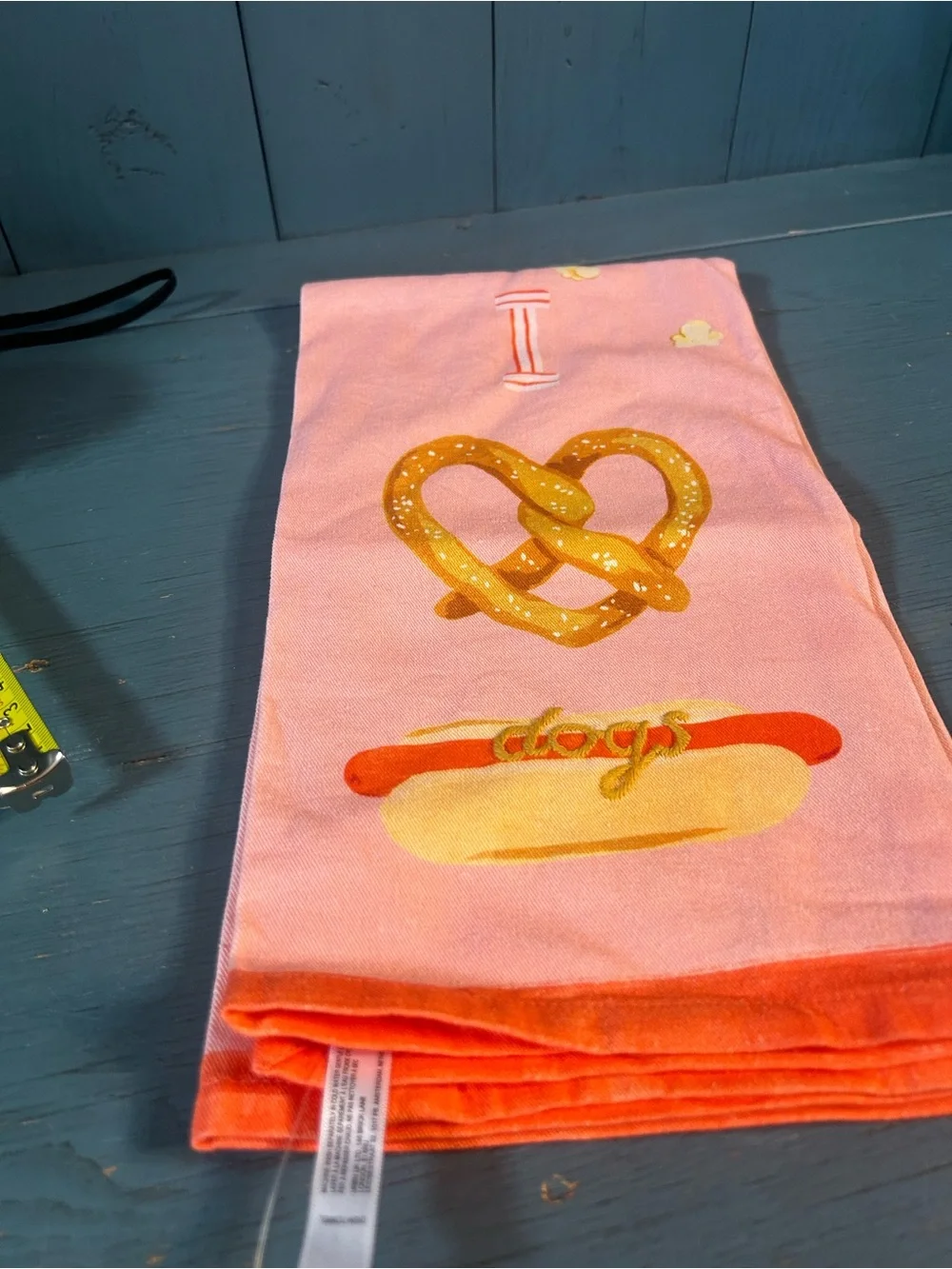 Anthropologie Pink Tea Towel with Orange Trim and Food Motifs - New $24